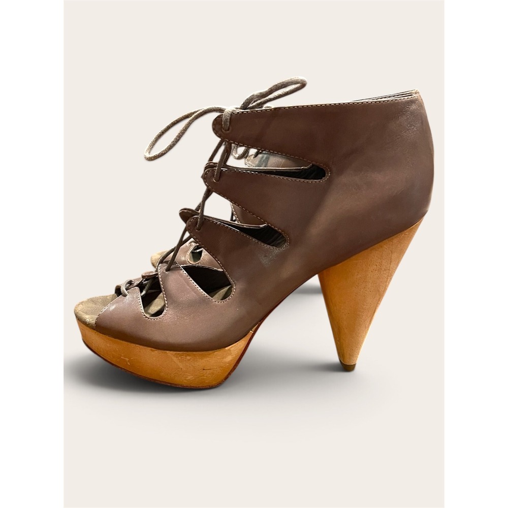 Y2K Loeffler Randall Lace Up Platform Booties Women 8 Taupe Grey Leather Wood